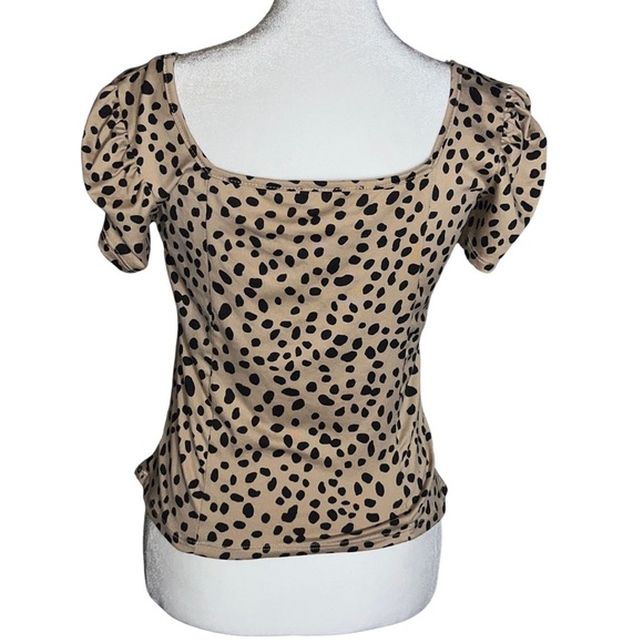 Lulus Puff Sleeve Top M Beige Black Dot Print Y2K Coquette Square Neck Blouse - Picture 6 of 9